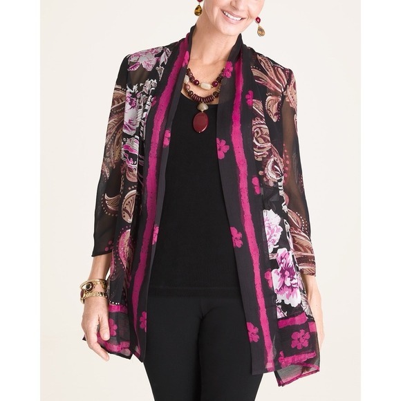 NWT CHICOS‎ Women Travelers Collection Floral Kimono Paisley Black Cardigan Sz 0 - Picture 1 of 12